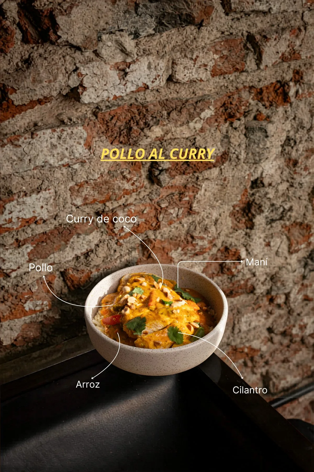Pollo al curry de coco con arroz blanco, maní tostado y cilantro fresco en bowl de cerámica en SĀNTAL Buenos Aires