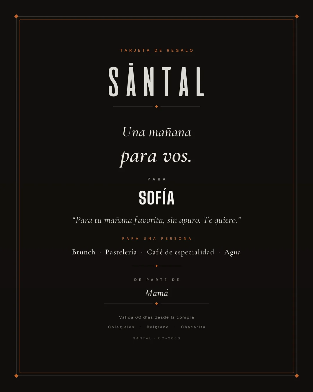Gift Card SĀNTAL a medida, personalizada con nombre y dedicatoria, para regalar por WhatsApp en Buenos Aires.