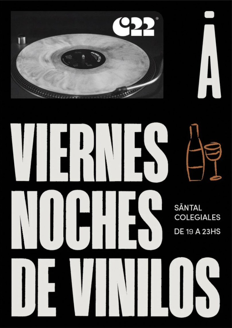 Flyer Viernes Noches de Vinilos — listening bar en SĀNTAL Colegiales junto a Canal22, de 19 a 23hs