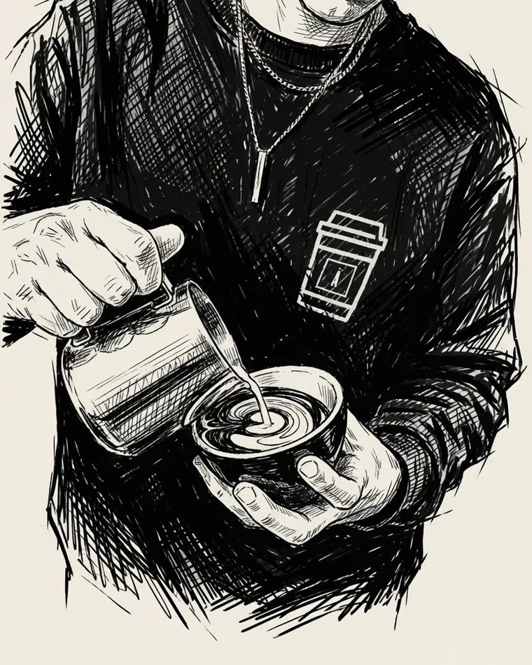 Ilustración de un barista sirviendo café de especialidad, Brunch Privée en SĀNTAL Palma