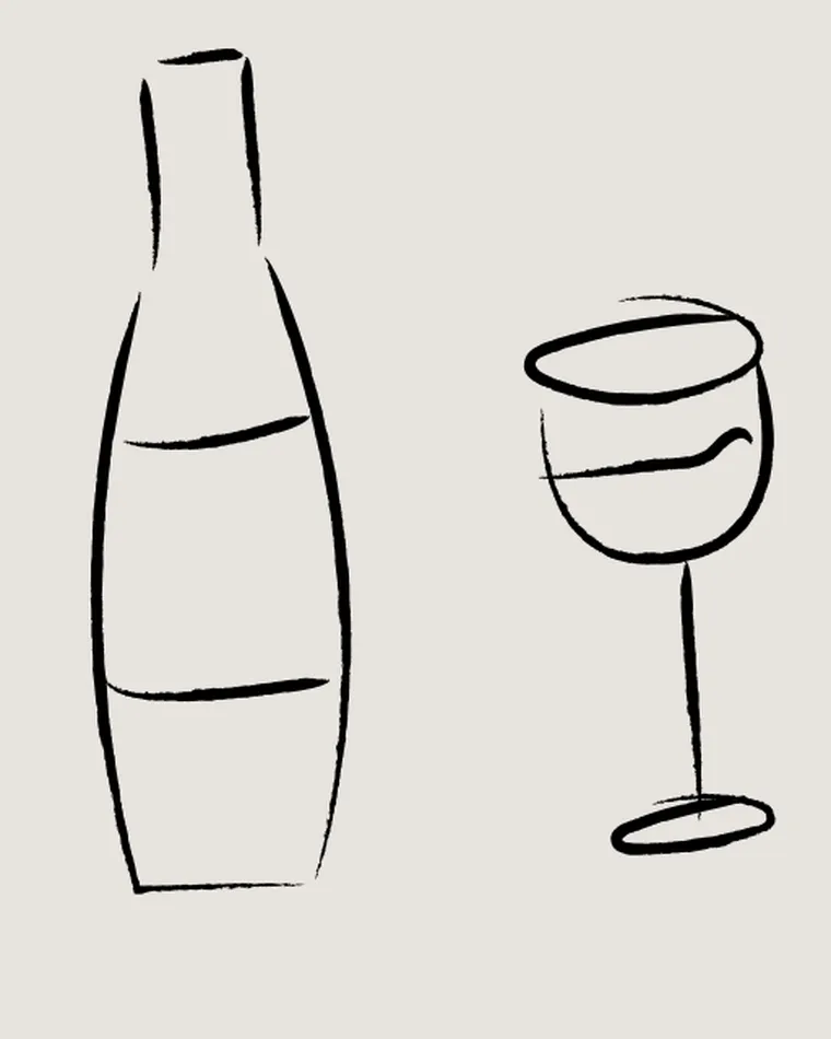 Ilustración de una botella de vino y una copa, Cumpleaños Boutique en SĀNTAL Palma