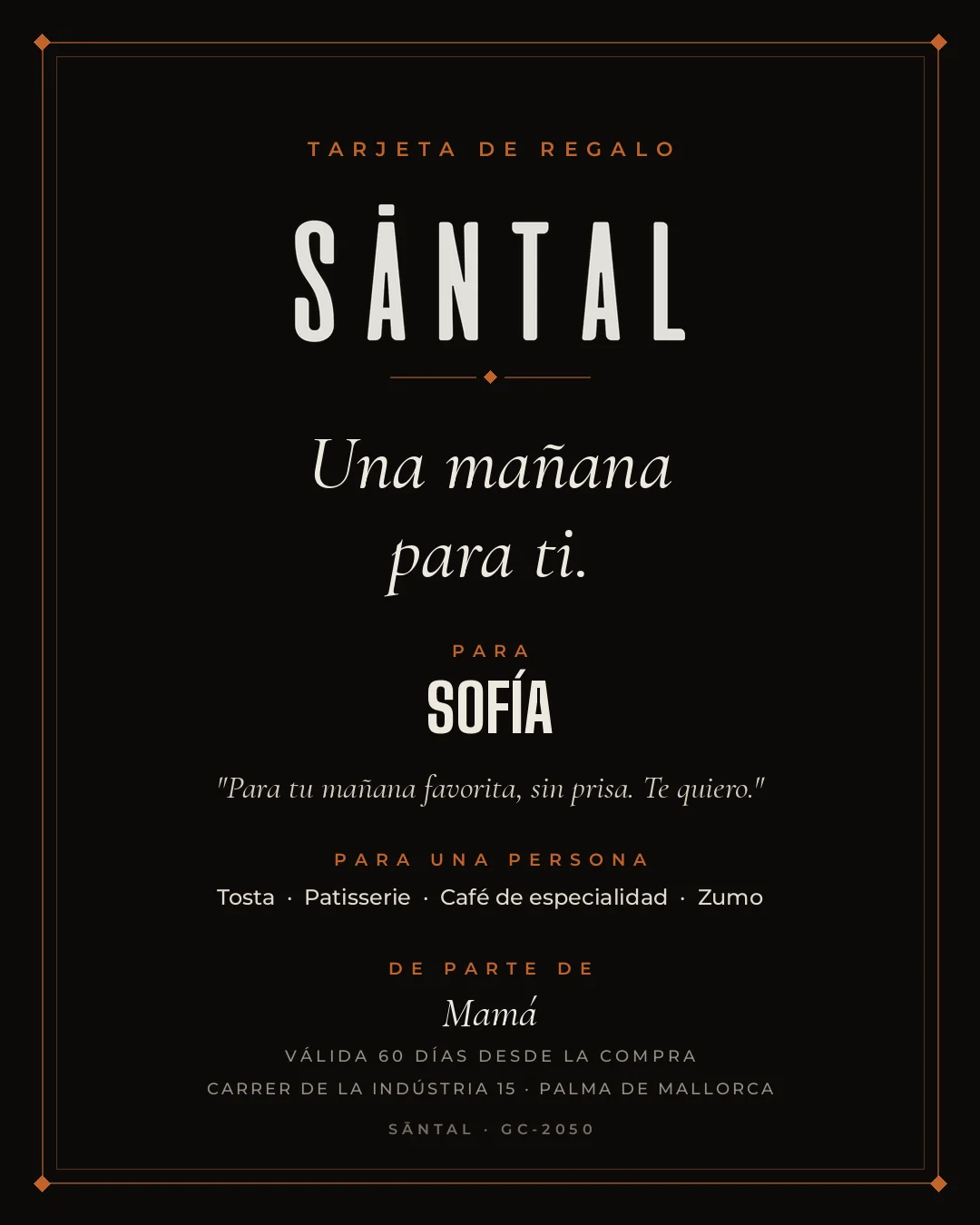 Example of a personalized SĀNTAL Palma Gift Card with name and dedication